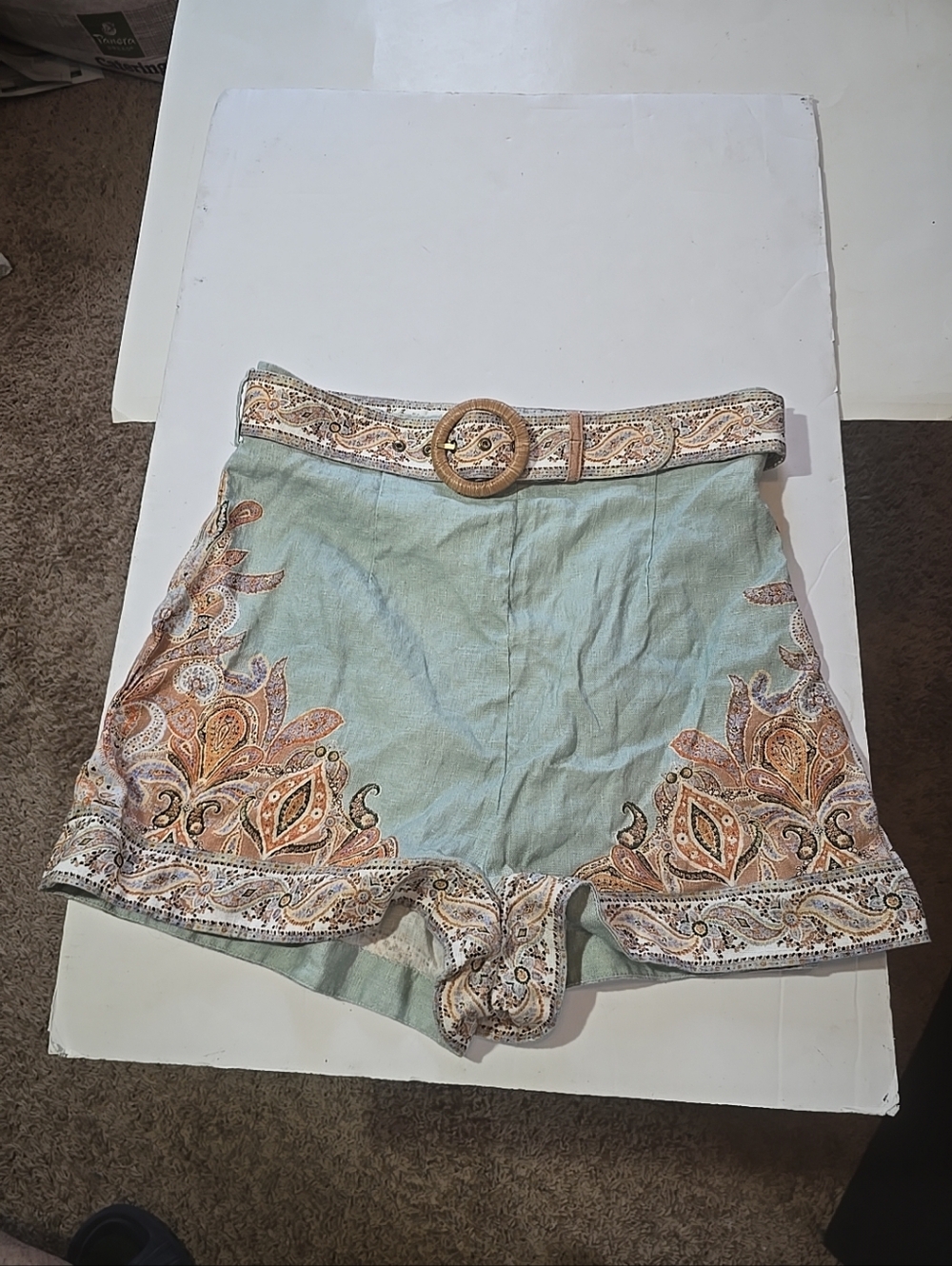 Zimmermann Devi Fitted Mint Paisley Print Linen Shorts With Matching Belt Size 3